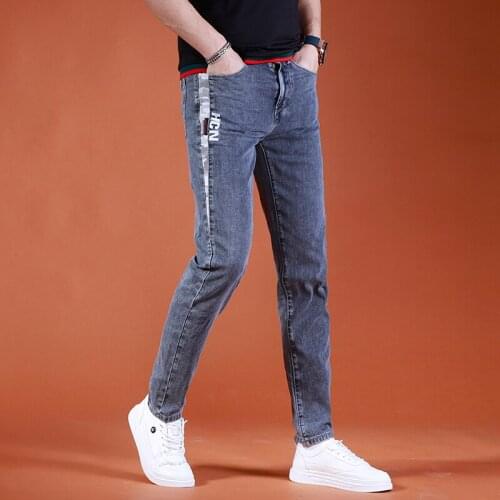 2021 Summer Fashion Spliced Jeans Men Casual Gray Denim Slim Fit Pencil Pants
