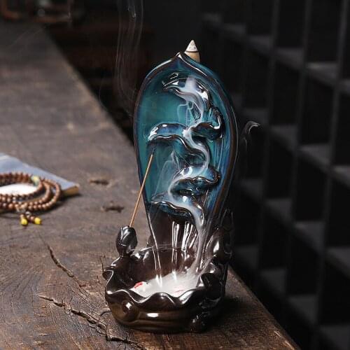 Ceramic Lotus Double Fish Backflow Incense Burner Creative Smoke Incense Waterfall Censer Home Teahouse Desk Feng Shui Decor