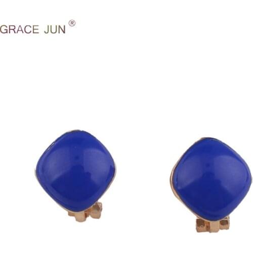 GRACE JUN Korea Style Cute Fashion Small Square Enamel Clip on Earrings Without Piercing for Women Charm Ear Clip Not Allergy