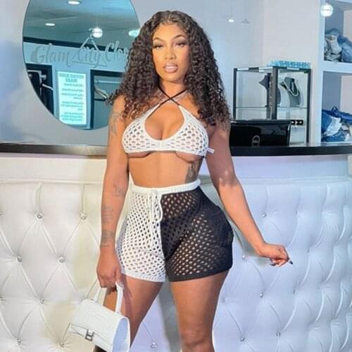 Hollow Out Sexy Tracksuit Women Clothes Streetwear Color Patchwork Shorts and Halter Co Ord Set Slim Sheath Bandage Shorts Sets