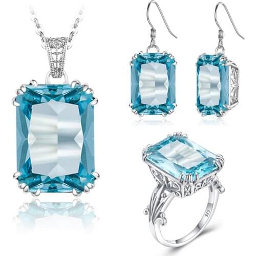 Szjinao Aquamarine Pendant Necklace Earrings Ring Set Real 925 Sterling Silver Gemstones Jewelery Sets Silver 925 Jewelry New