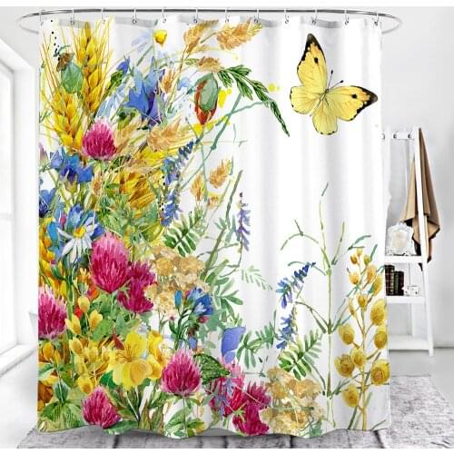Colorful Flowers Birds and Plants Printed Shower Curtain Fashion Bathroom Decoration with Hook Waterproof Shower Curtain