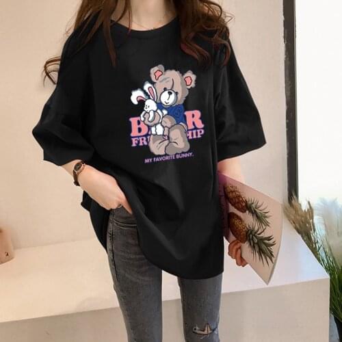 Lovely Cartoon Print Bear Graphic Tees 2021 Large Black Oversized T Shirt for Women Purple Short Sleeve Summer Casual Tops EY531