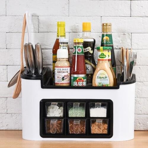 Multi-function Kitchen Seasoning Organizer Rack Box Spice Condiment Bottle Storage Shelf Cooking Tool Knife Rack Kitchen Gadgets