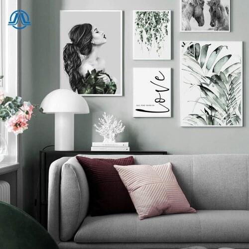 Fashion Girl with Leaf Green Plant Poster Nordic Style Wall Art Canvas Botanical Print Painting Modern Home Decoration Pictures