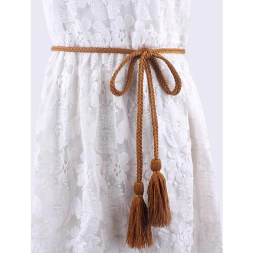 Fashion women tassel Braided waistband Twist weaving knitted belt decorated rope for dresses shirt brown black cotton string
