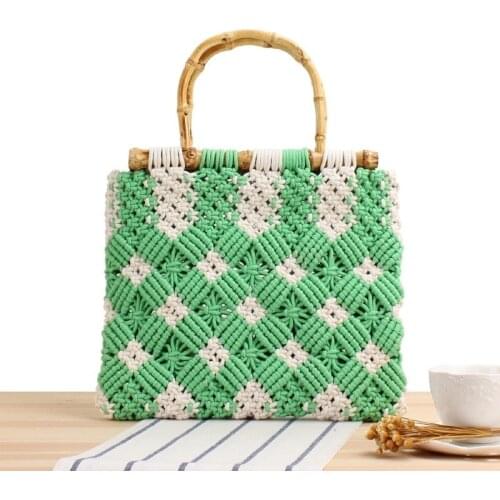 New Bamboo Plaid Grass Handbag Lace Green Portable Leisure Shopping Bag Hand Cotton Rope Woven Pouch Bags for Women Clutch Bag