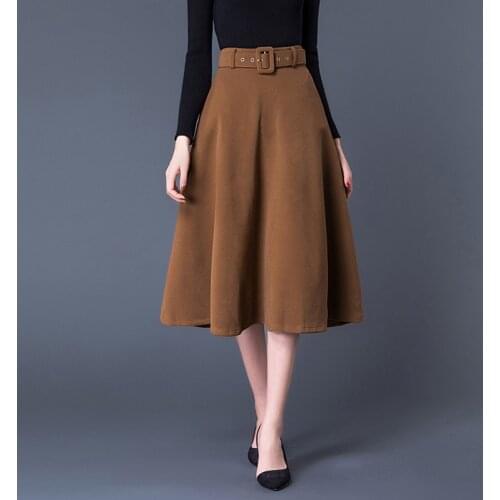 New 2020 Autumn Winter Womens Skirts With Belt Casual High Waist A-Line Solid Thicken Elegant Vintage Mid Wool Skirt Khaki