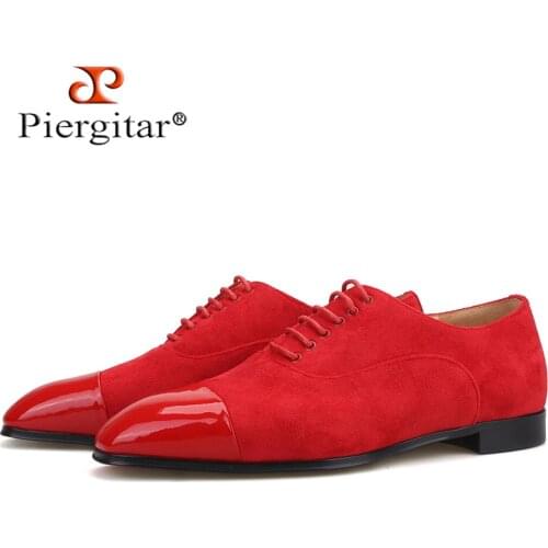 Piergitar 2019 Handmade red cow suede men oxfords shoes party and banquet men loafers front patent leather lace men dress shoes