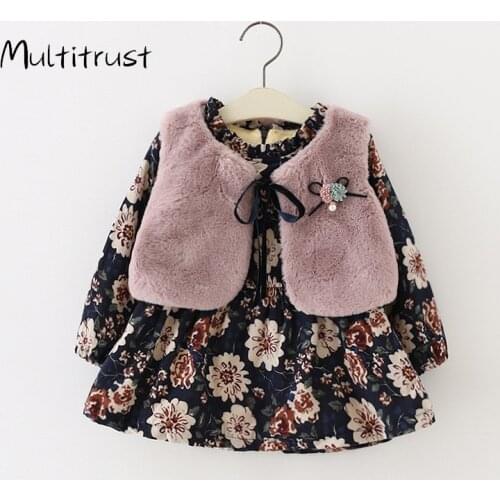 Baby Girl Dress Winter Baby Birthday Dress Long-Sleeved Floral Plus Velvet Dress+Fur Vest 2pcs Birthday Outfits