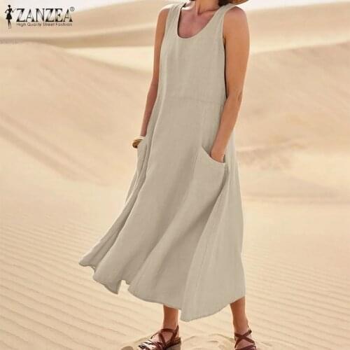 ZANZEA Summer Women Sleeveless Sundress Elegant O Neck Solid Casual Long Tanks Dress Vintage Pockets Beach Vestidos Sarafans