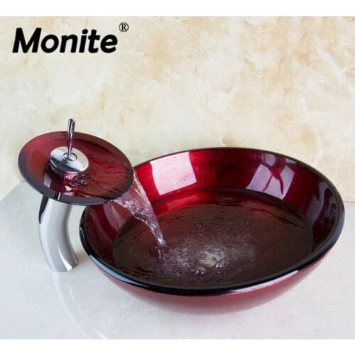 Monite Red Bathroom Tempered Glass Basin Set Vessel Vanity Sink Bowl With Brass Faucet Red Glass Sink