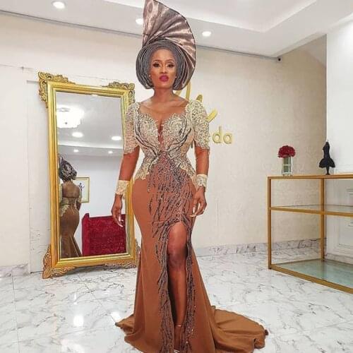 Plus Size Evening Dresses African Aso Ebi Prom Dress Side Split Scoop Sequined Appliques Dubai vestido de fiesta de boda