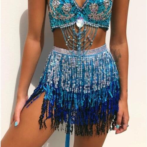 Sexy Women Belly Dance Glitter Swing Sequin Tassel Fringe Hip Belt Waist Skirt Bamba Ibiza Festival Raves Chiffon Wrap Skirt