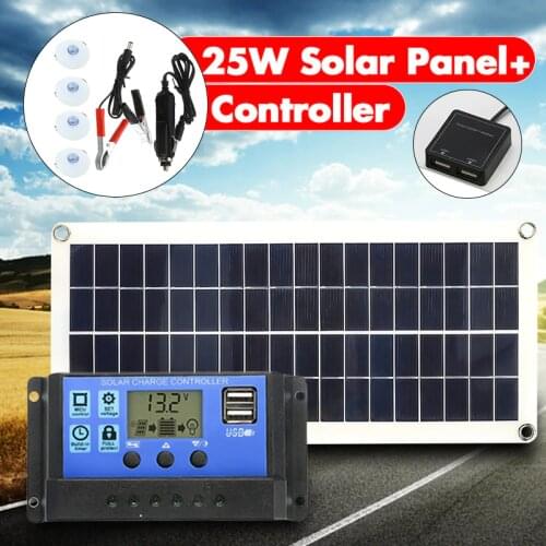 25W 12V Dual USB Solar Panel with Car Charger Output 10/20/30/40/50A USB Solar Charger Controller for LED Light Outdoor Camping