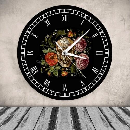 Tattooed Skull Roses Wall Clock Non Ticking Vintage Skull Roses Wall Clock Modern Design 12 Inch Liviing Room Home Decorative