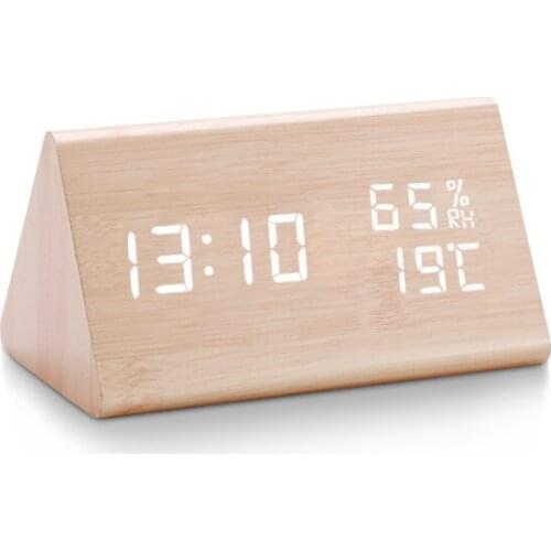 Triangle wooden clock creative voice control LED temperature and humidity wood digital electronic alarm clock