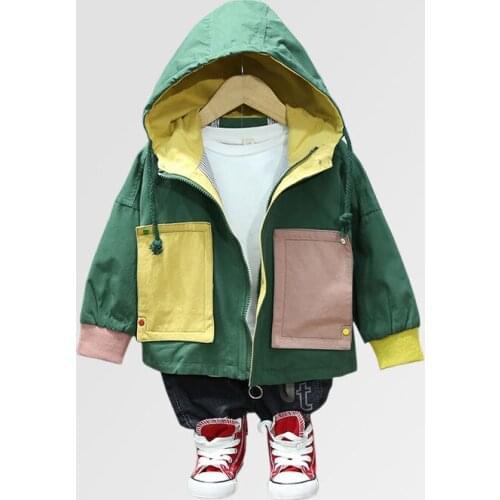 Korean Lining Patchwork Large Pocket Autumn Winter Zipper Jacket Hooded Boys Trench Coat Baby Boys Cotton Jackets 0-7 Years Old