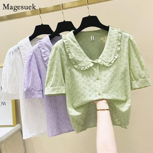Sweet Dollar Collar Hollow Blouse Women 2021 Summer Loose Casual Ruffles Tops Elegant Puff Sleeve Crochet Lace Shirts 14954
