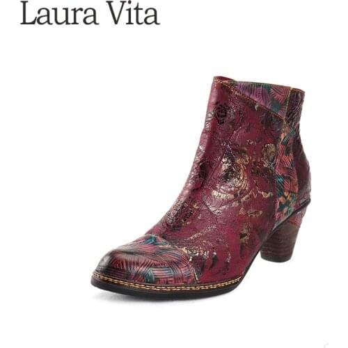 Laura Vita Genuine Leather Printed Ankle Boots Women Shoes Vintage Winter 2019 Fall Winter Women Boots Block Low Heels