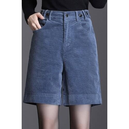 Winter Fall Casual Women Female Elastic High Waisted Blue Beige Black Corduroy Shorts , Korean Fashion 4xl Shorts for Woman