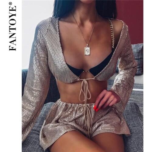 Fantoye Women Sexy Two Piece Set Jumpsuit Top And Shorts Bodycon Playsuit Summer Women Set Beachwear Suits Satin Party Jumpsuits