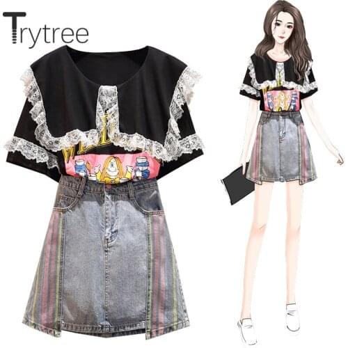 Trytree 2020 Summer Women Two piece set Casual Peter pan Collar Lace Cartoon Top + Cowboy Skirt Irregular Mini Set 2 Piece Set