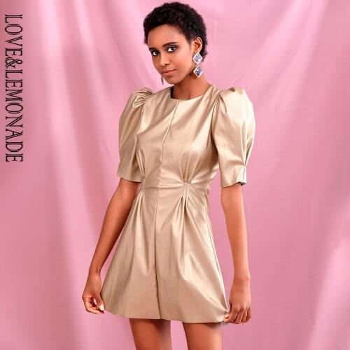 LOVE & LEMONADE Gold Round Neck Puff Short Sleeve Stretch PU Fit Mini Dress LM82265