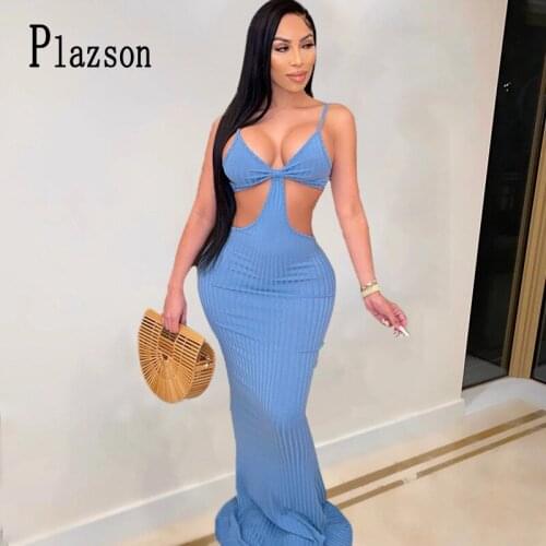 Plazson 2021 Summer Dress For Women Hollow Out Slings Waistless Mopping Maxi Dresses Sexy Party Backless Bodycon Dress Vestidos