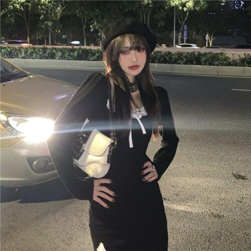 Dress Womens French Retro Black Long Sleeve Base Short Skirt 2021 Spring and Autumn New Split Hip Skirt