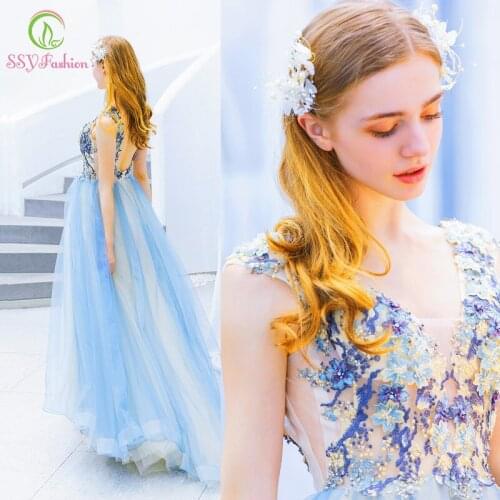 SSYFashion Light Blue Romantic Evening Dress V-neck Lace Appliques Sequins Floor-length Long Prom Formal Gown Vestidos De Noche