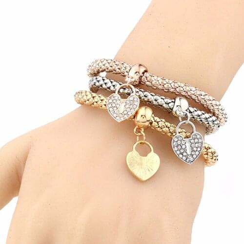 3 Pcs/lot Gold Filled Heart Charm Elastic Bracelets Cute Multilayer Bangles Women Fashion Jewelry Bracelet