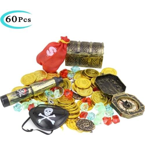 60 Pcs Pretend Play Nautical Pirate Treasure Toy Pirate Treasure Hunting Game Gold Coin Gem One-eyed Telescope Props Boy Toys