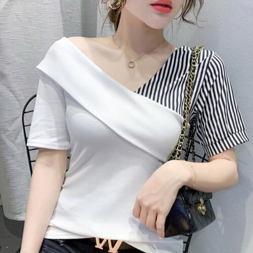 #6234 Summer Spliced Color Short Sleeve T Shirt Women Cotton V Neck Slim Short T Shirt Sexy Streetwear Casual T Shirt For Girl
