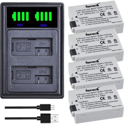 AsperX 4Pcs LP-E8 LP E8 LPE8 Camera Batteries + LED USB Dual Charger for Canon EOS 550D 600D 650D 700D T2i T3i T4i T5i