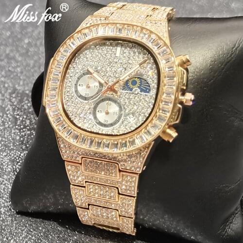 Hip Hop MISSFOX AAA Nautilus Bling Rose Gold Out Watch Men Diamond Mens Watches Top Brand Luxury Quartz Male Calendar Wristwatch