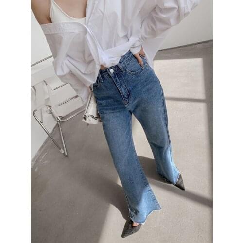 2021 New Jeans Woman Fashion High Waist Wide Leg Jeans Ripped Tassel Hem Overlength Denim Pants