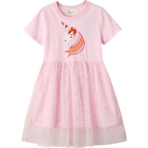 Pink Short Sleeve Girls Tulle Dress Summer Unicorn Sequin Dresses for Toddler Baby Girls Clothes Children Birthday Costume 2021