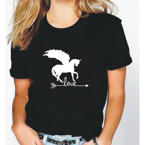 Harajuku Tee Shirt Femme Fashion Love Letter Horse with Wings Art T Shirt Women Tops Summer Short Sleeve Casual Camiseta Mujer