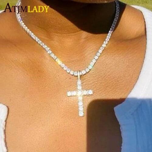 Hiphop Iced out bling women jewelry bing 5MM cz cubic zirconia high quality cross charm pendant cz tennis chain choker necklace
