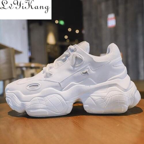 Comfy Breathable Mesh Trainers Chunky Heels 5cm Womens Platform Sneakers Women Shoes Casual Female White Mesh Shoes For Woman