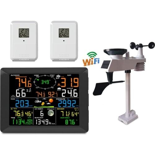 Weather Station WIFI Digital Alarm Wall Clock Indoor 2pcs Outdoor Humidity Pressure Anemometer Rain Gauge