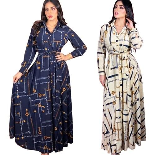 Fashion Chain Print Ladies Shirt Dress Elegant Robes Long Sleeve Women Party Maxi Long Dress Abaya Dubai White Blue Vestidos