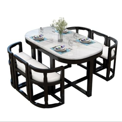 Marble round table chair combination household solid wood dining table simple modern small family invisible dining table
