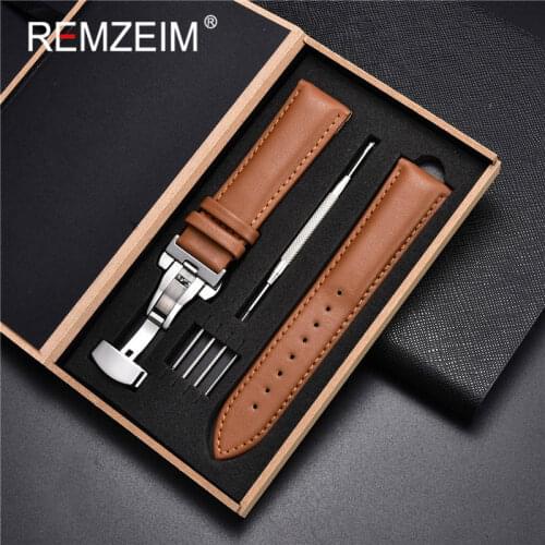 REMZEIM 18mm 20mm 22mm 24mm Smooth Genuine Calfskin Leather Watchband Straps with Solid Automatic Butterfly Buckle With Box