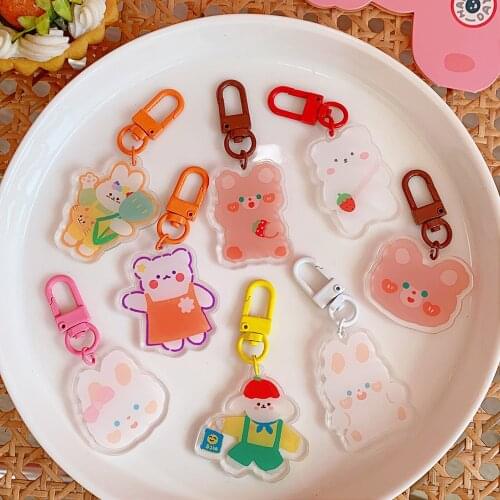 Cute Heart Bear Wallet Keychain Pendant Cartoon Strawberry Bunny Acrylic Women Girl Bag Car Airpods Pendant Keychain Ornament