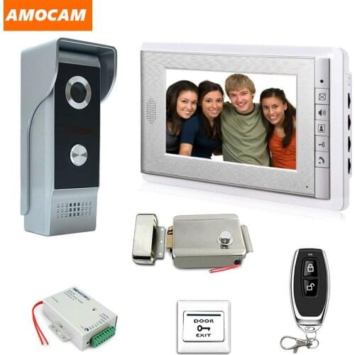 Video Intercom Doorbell Kits 7'' Monitor Wired Video Door Phone System 700TVL IR Camera with Electric Lock + Remote Control+Exit