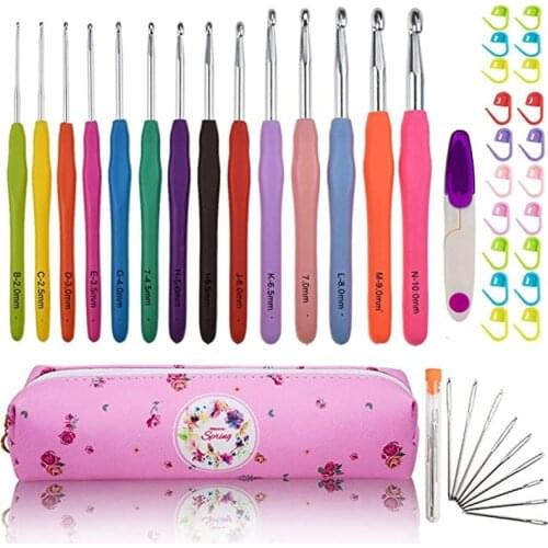 Extra Long 2.0(B)-10.0mm(N) Ergonomic Crochet Hooks Set with Case Rubber Soft-Touch Handle Grip Knitting Needles Hooks Kit