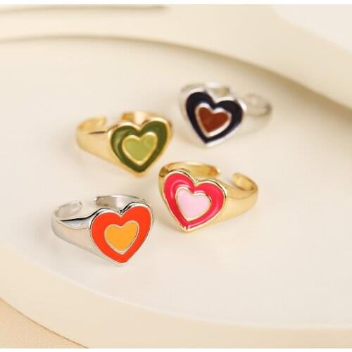 Vintage Double Layer Dripping Oil Enamel Heart Rings For Women Multicolor Couple Jewelry Gold Silver Color Adjustable Open Ring