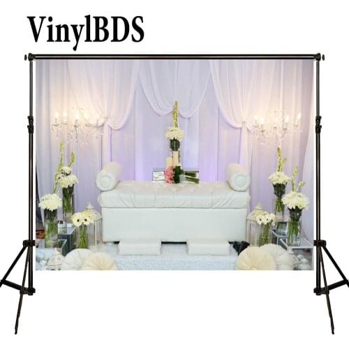VinylBDS Wedding Photography Background White Curtain Sofa Backdrops Vintage Chandelier and Flower Background for Photocall